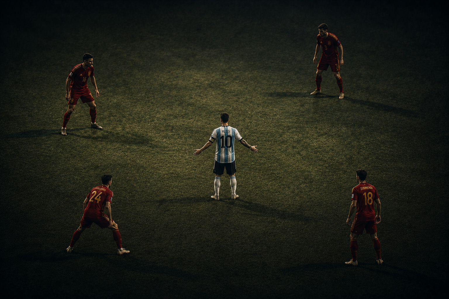 Messi from above — arms outstretched, surrounded by four red shirts, the greatest player of all time asking for a ball that will not come