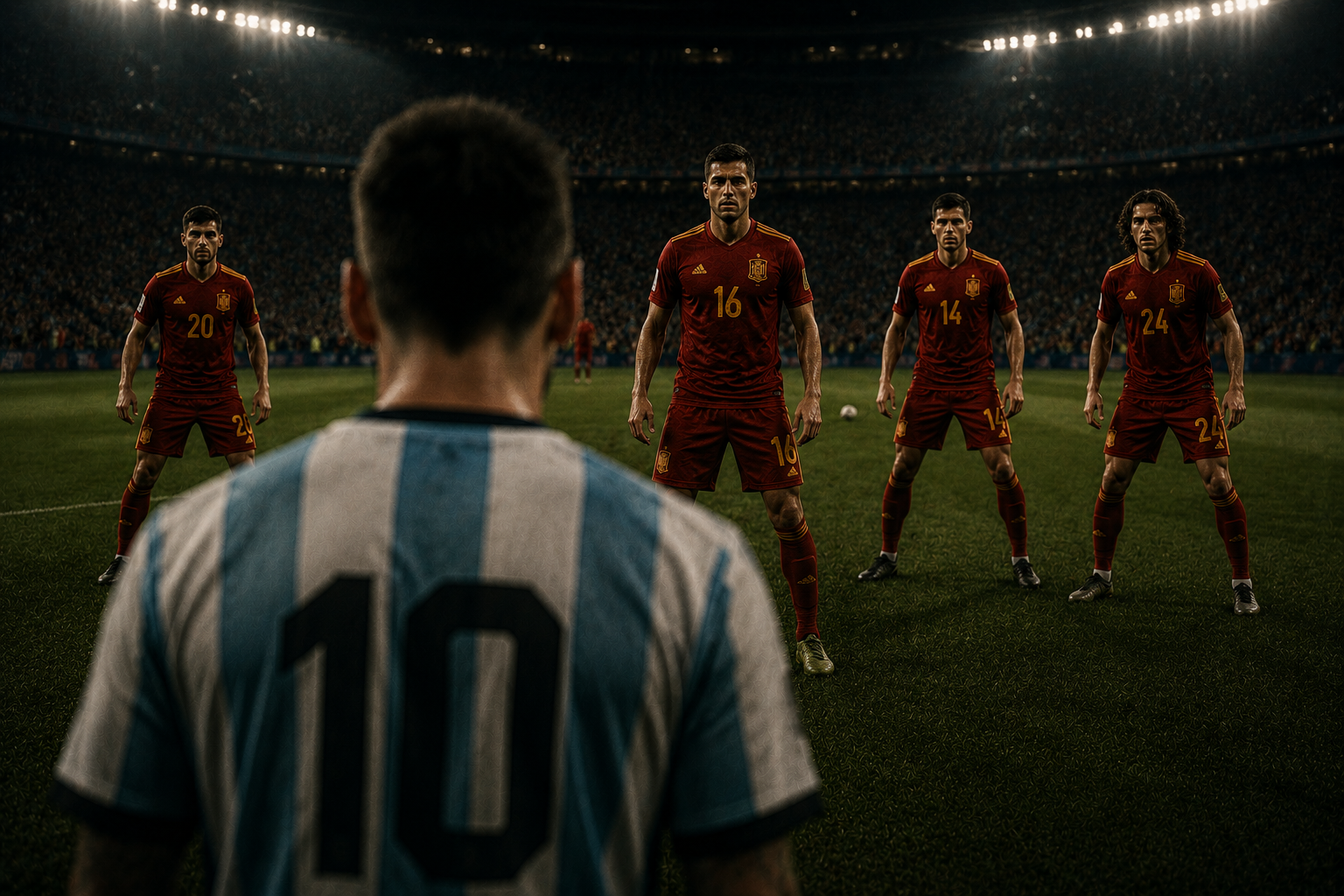 Messi's number 10 from behind — facing a wall of four Spain defenders, the pass that had always been there suddenly not there