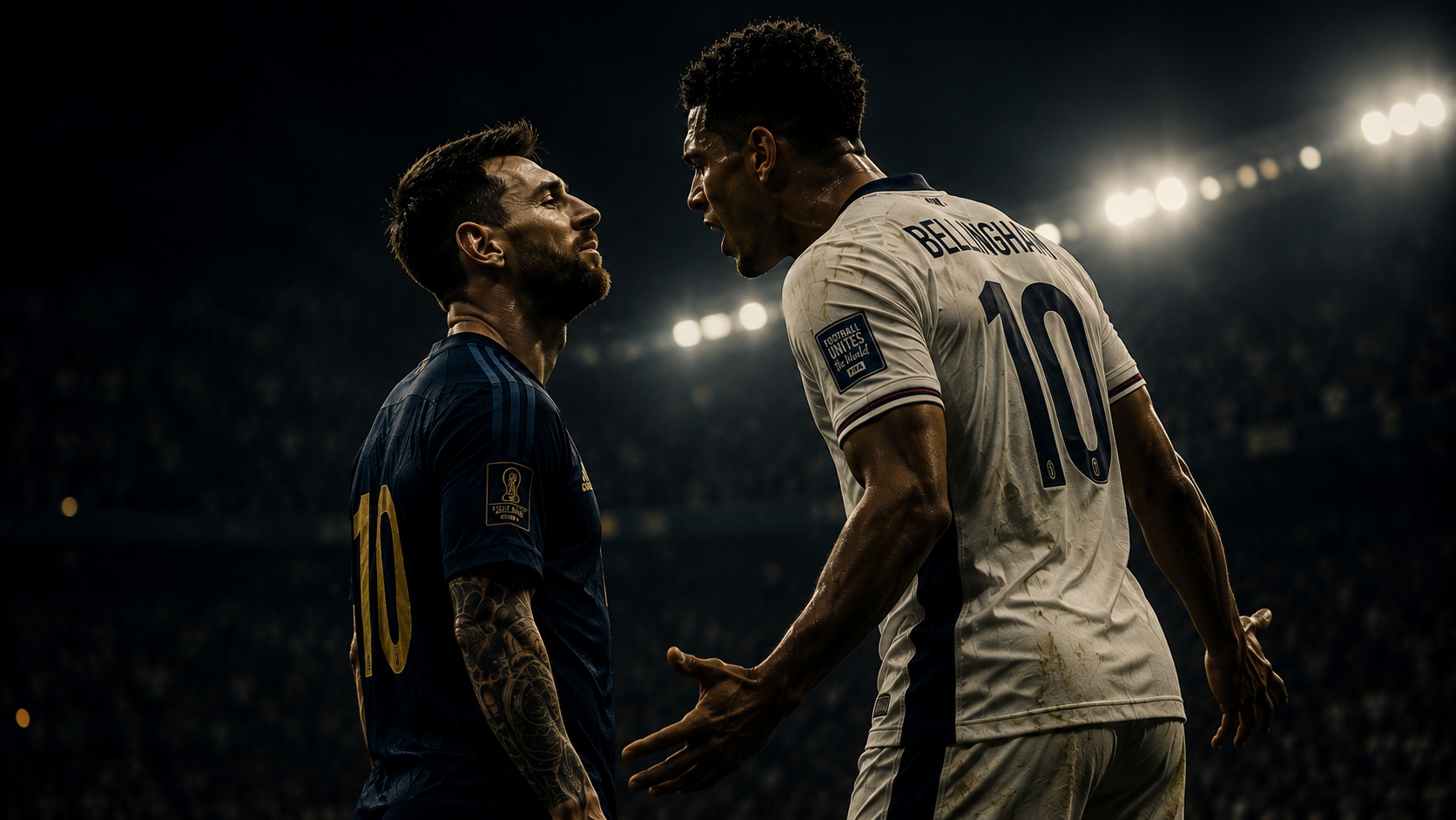 Two number tens, face to face — Messi and Bellingham exchange words under the floodlights, and the look on Messi's face is not anger