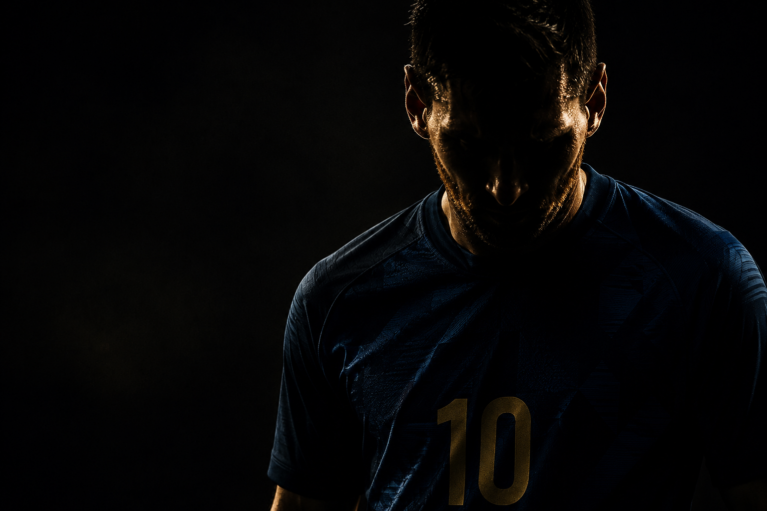 The beast awake — Messi in shadow, head bowed, number 10 visible, the calm before whatever comes next