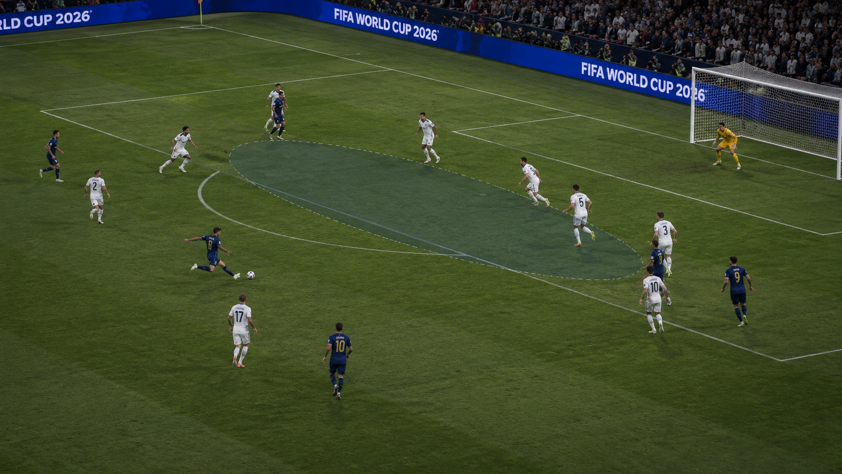 The equalizer — Fernández strikes from outside the box, through the space where Rice had been standing, the tactical overlay showing England's exposed zone