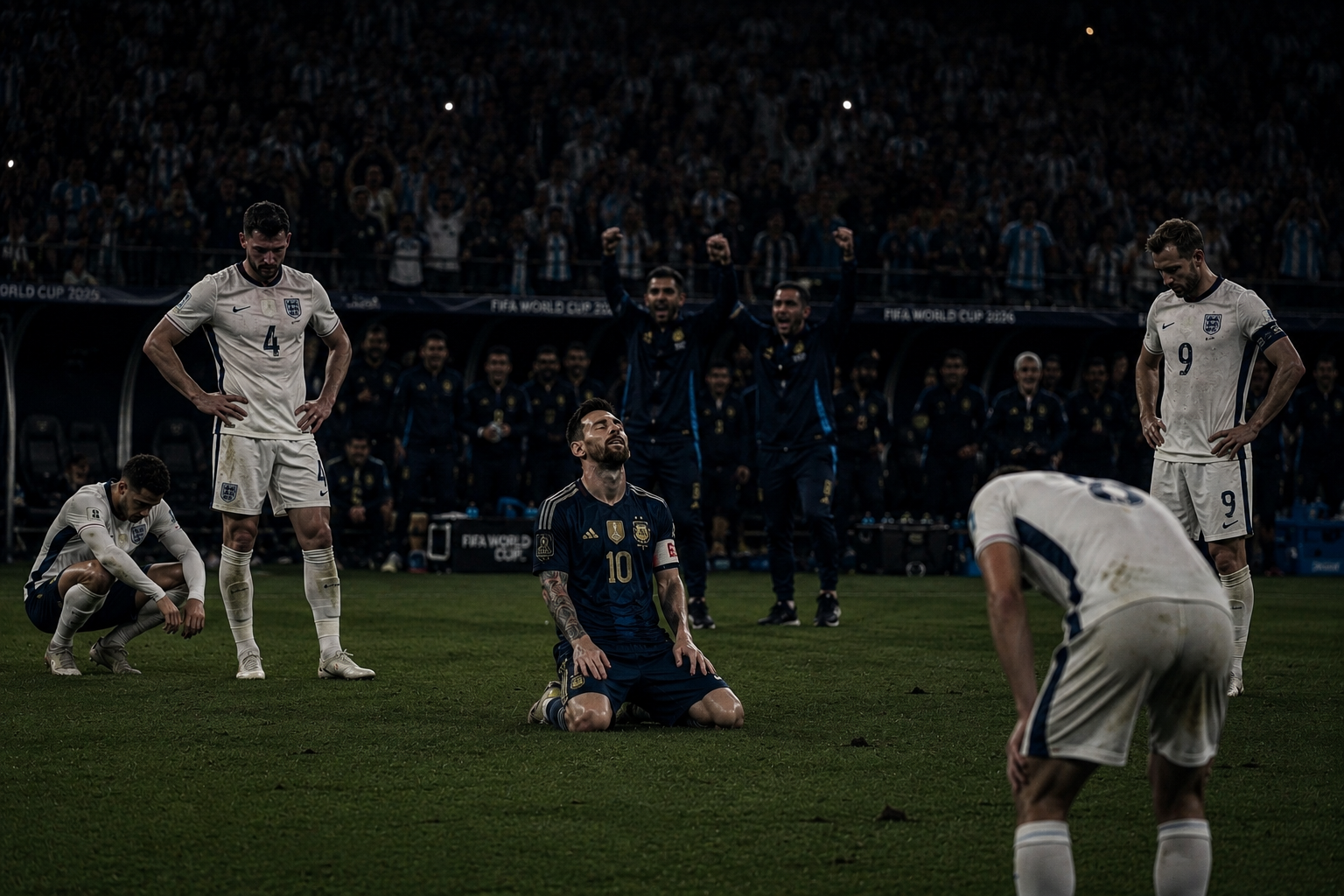 The final whistle — Messi on his knees between dejected England players, Argentina's bench erupting behind him