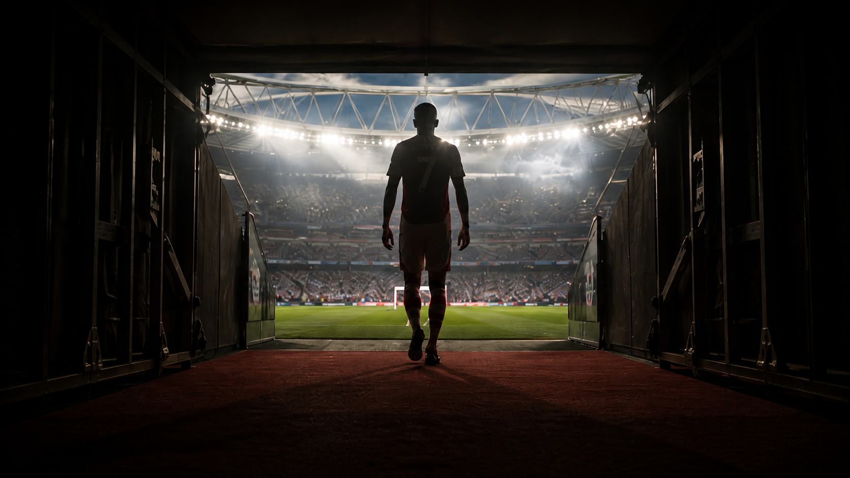 A player in silhouette walks alone from the tunnel toward a floodlit, packed stadium, the pitch stretching out ahead of him
