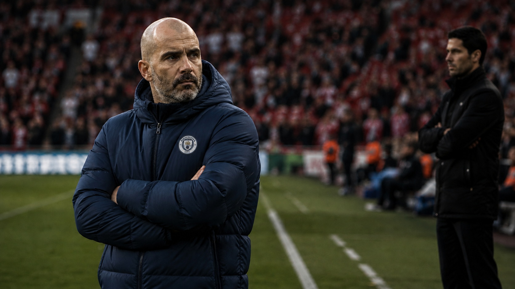 A Manchester City coat crosses its arms on the touchline, Mikel Arteta watching from the opposite technical area in the blurred background