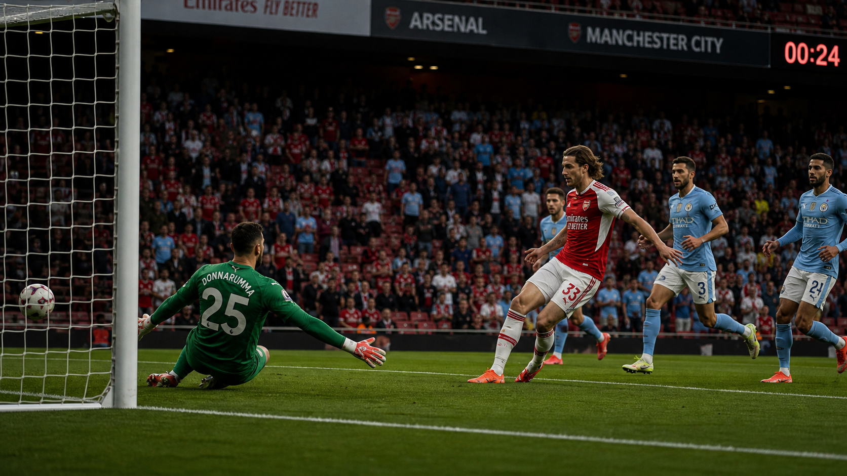 Riccardo Calafiori finishes past a diving Gianluigi Donnarumma with the match clock reading 00:24