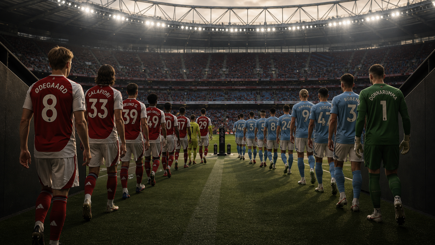 Both squads walk out through the tunnel into a packed Principality Stadium, Ødegaard and Calafiori leading Arsenal out in red, City in sky blue on the far side