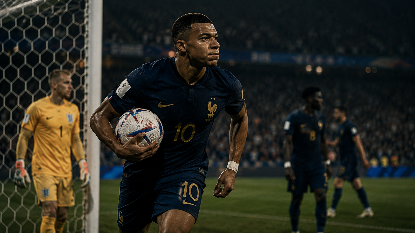Mbappé grabs the ball from the net — the face of a man who has decided the afternoon counts