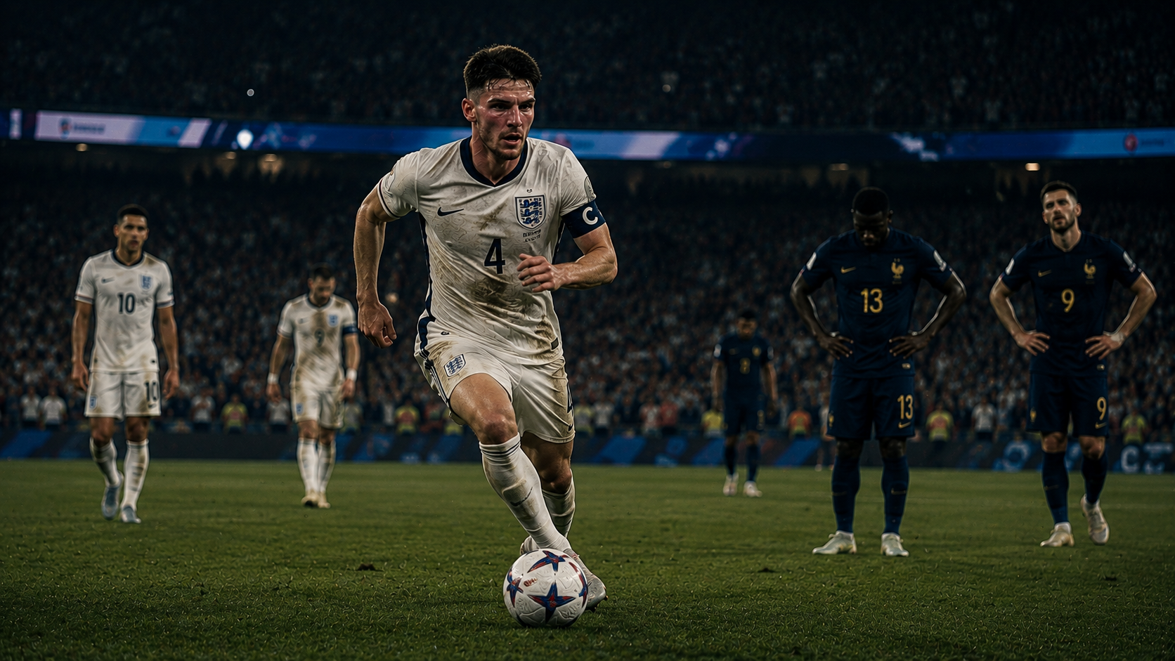 Rice drives forward with the captain's armband — the man who plays a game that does not matter exactly as he plays one that does