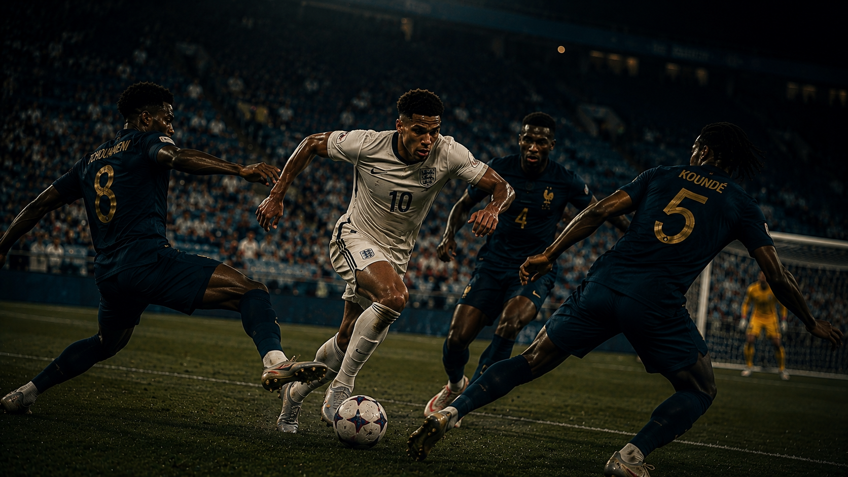 Bellingham dribbles through three France defenders — the ninety-eighth minute goal nobody needed and he wanted anyway