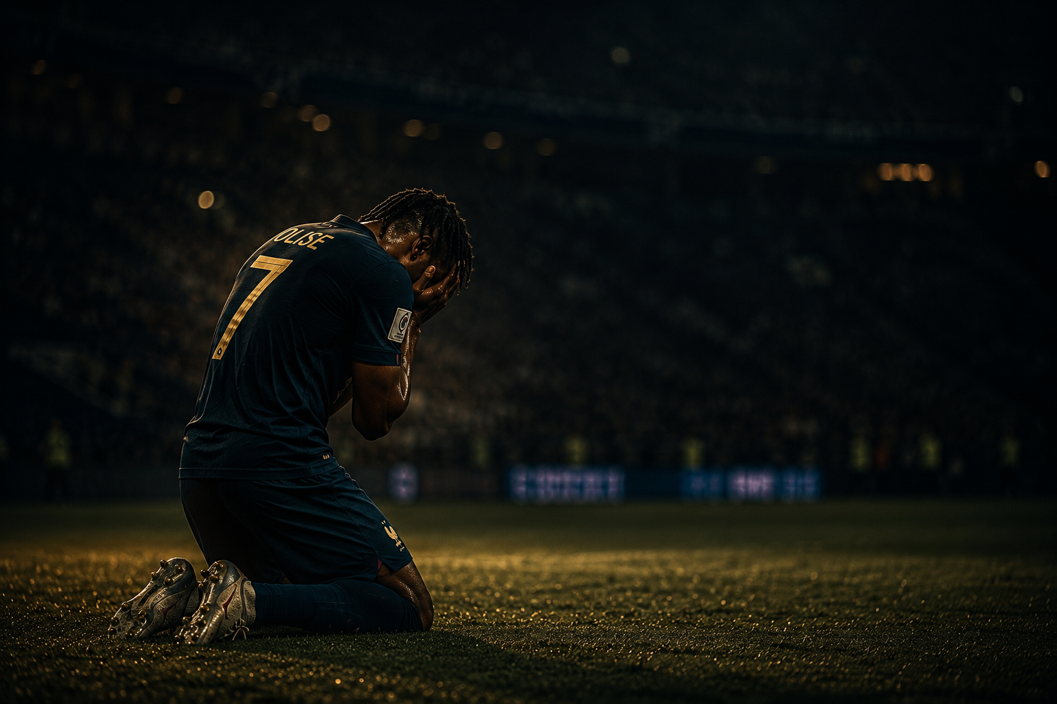Olise on his knees, face buried in his hands — the game that did not matter, and the man it broke