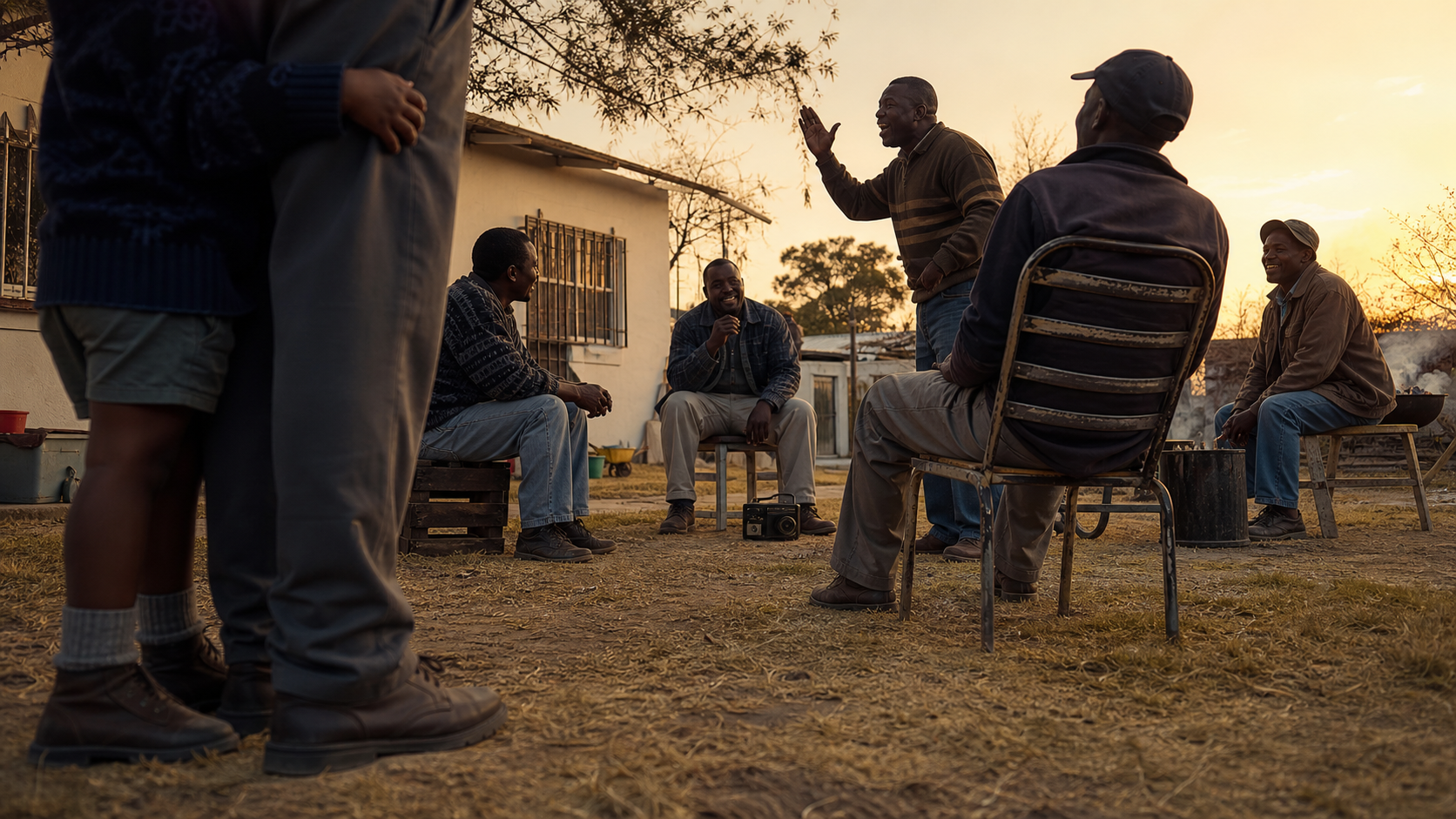 Men on chairs and crates in a yard at golden hour, a radio on the ground between them, a boy standing at the edge among the legs of the men closest to him