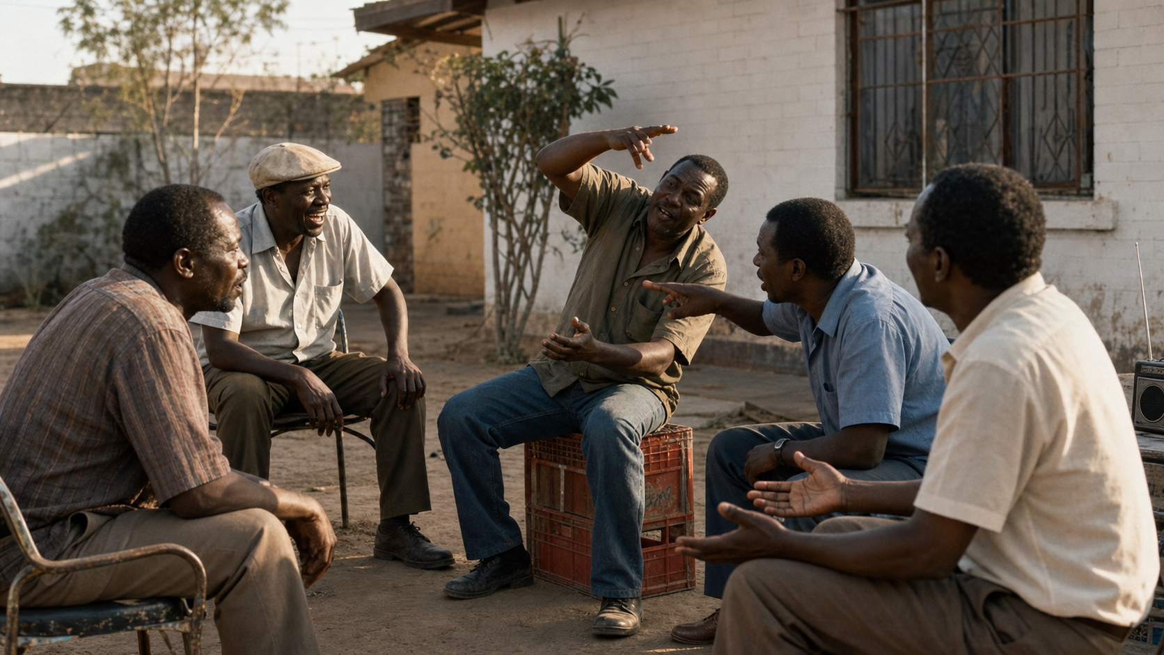 Men arguing animatedly in a yard, hands raised mid-gesture, making a case about a player none of them had seen play