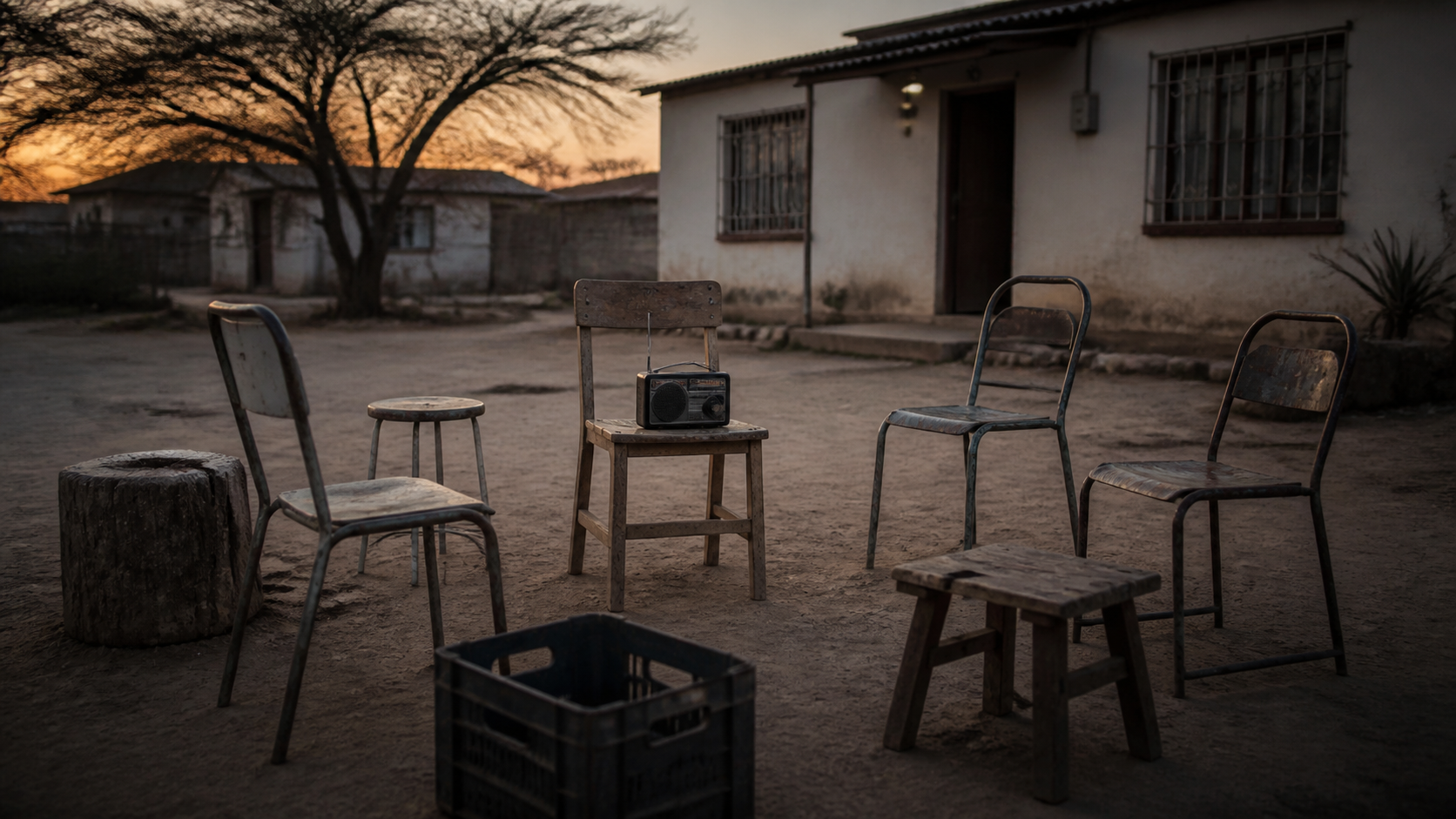 Empty chairs and crates arranged in a circle at dusk, a radio left on one of them β the shape of the gathering, holding even when nobody is in it