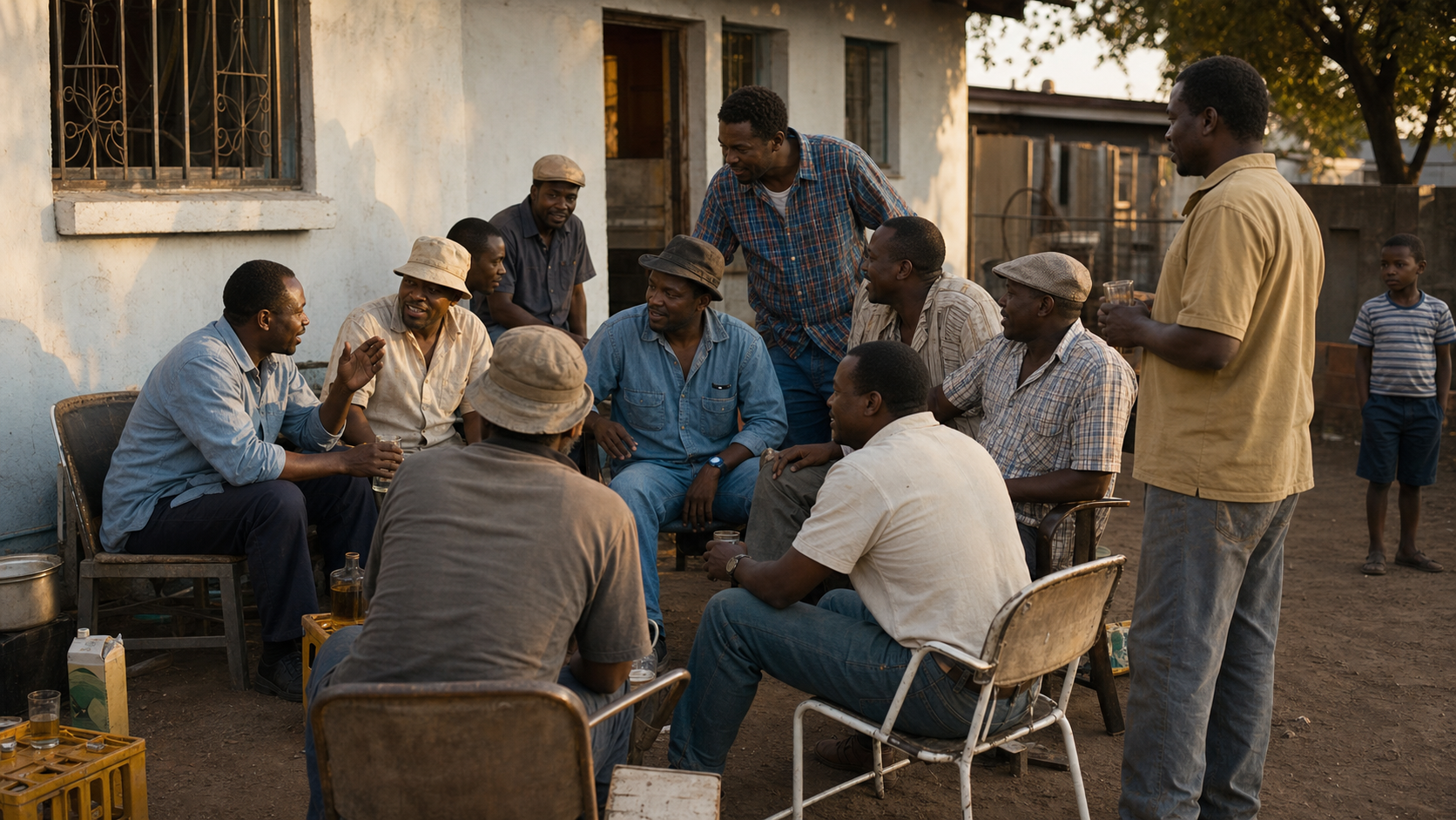 A crowded yard at golden hour, more than a dozen men on chairs and crates, drinks in hand, a boy watching from the edge β month end, when the whole street turned up at once