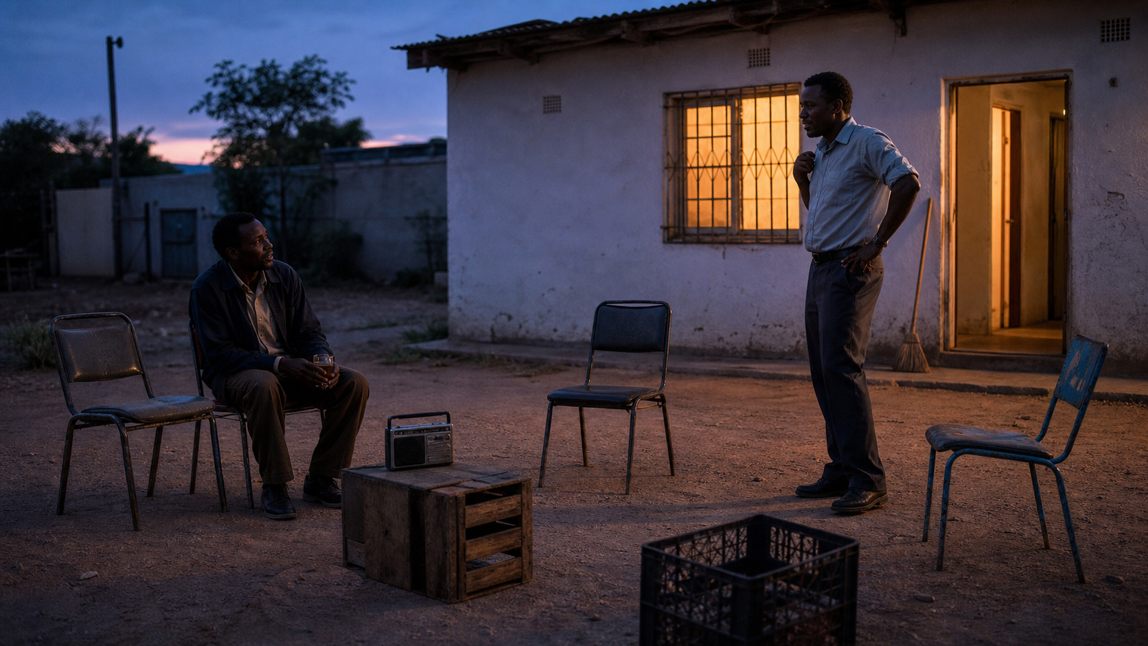 Two men left in a near-empty yard at dusk, one seated and one standing, a lit window behind them β the last two still going after everyone else has gone home