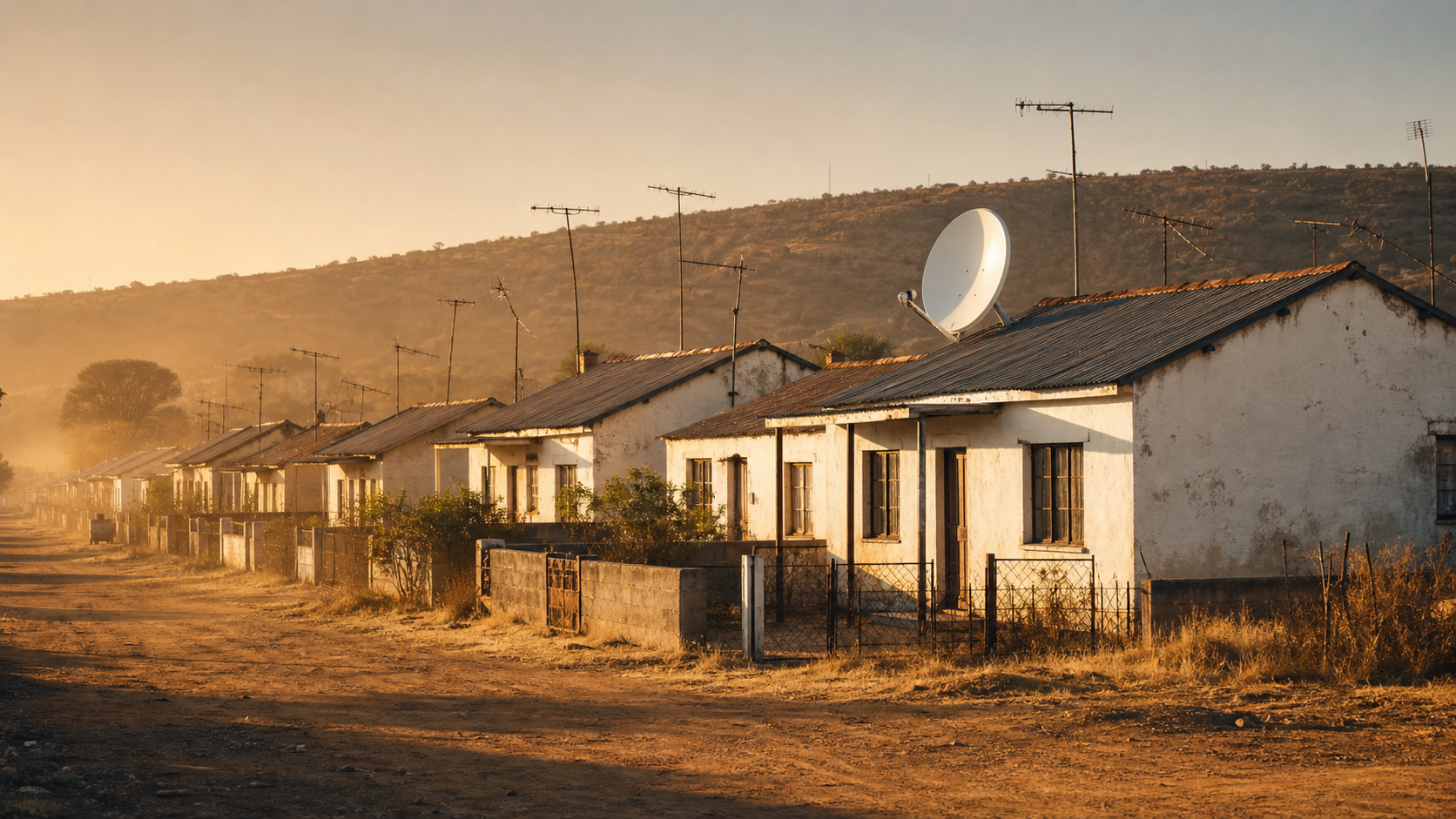 A satellite dish rises above a row of low white houses at golden hour, dwarfing the aerials that came before it