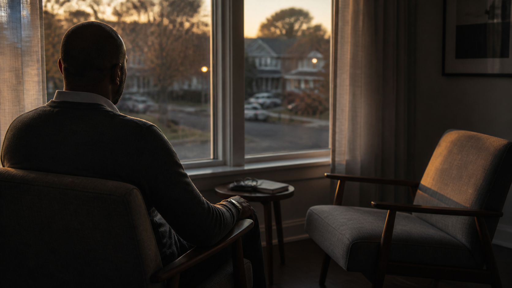 A man sits alone by a window at dusk, looking out at a quiet suburban street, a world and a lifetime away from the yard