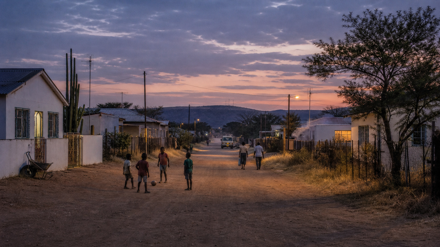 The same street at dusk, boys still playing, the light gone blue and the windows starting to glow