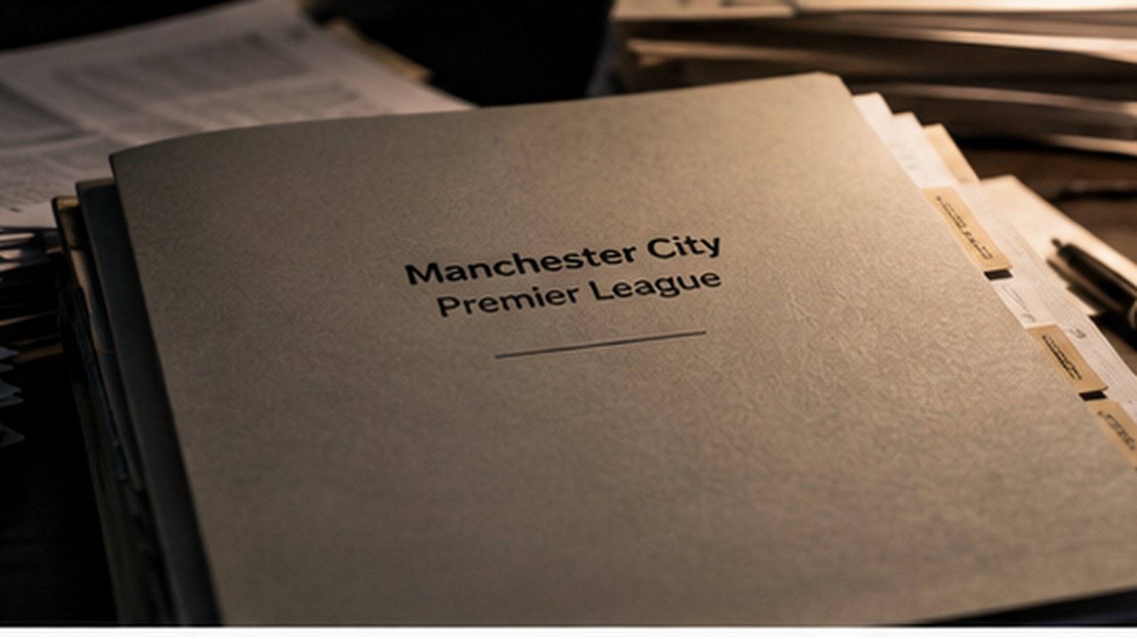 A case file folder labeled "Manchester City β Premier League" sits on a desk beside stacked papers, lit by a single desk lamp