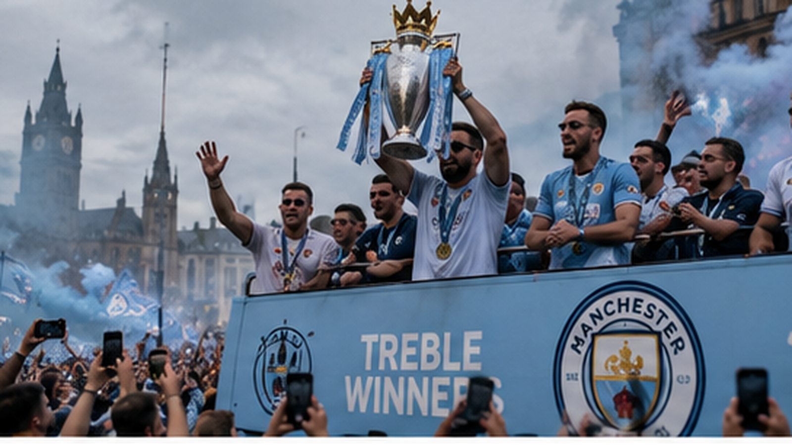 A packed City victory parade, an open-top bus banner reading "Treble Winners," a player holding the Premier League trophy aloft above the crowd