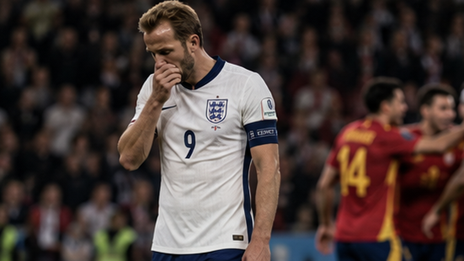 Harry Kane wipes his mouth in dejection, head down, Spain players celebrating behind him at Wembley