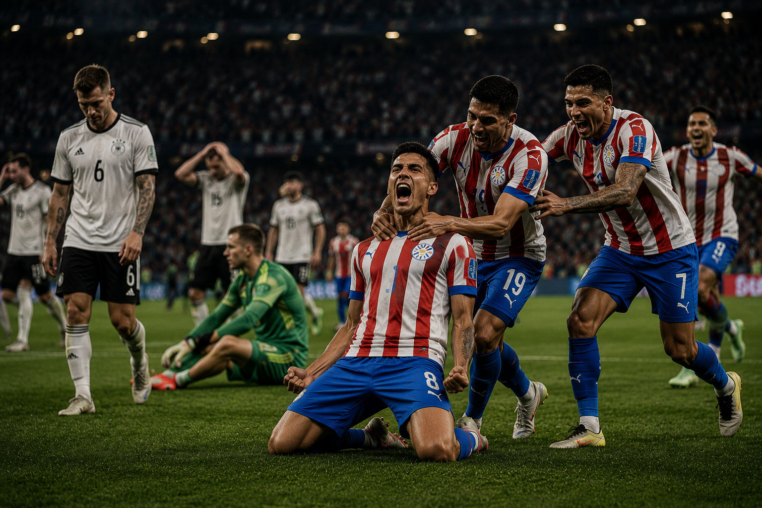 Paraguay celebrate after eliminating Germany on penalties in the Round of 32