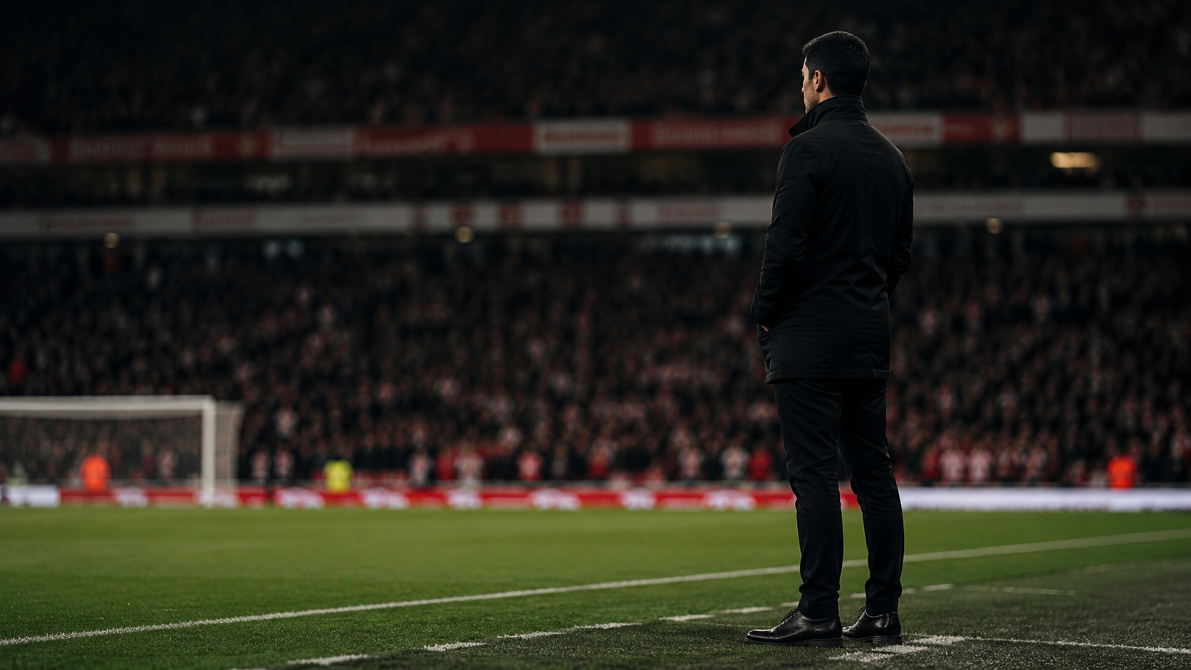 Mikel Arteta on the touchline at full time, arms folded, expression unreadable