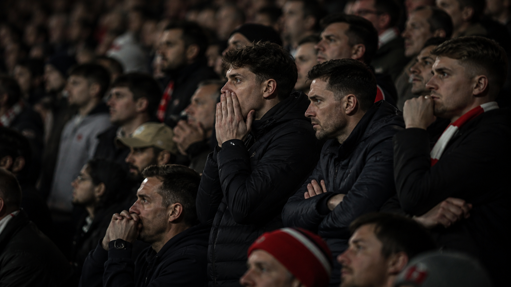 A section of the Emirates crowd frozen mid-breath, scarves raised, eyes fixed on the pitch
