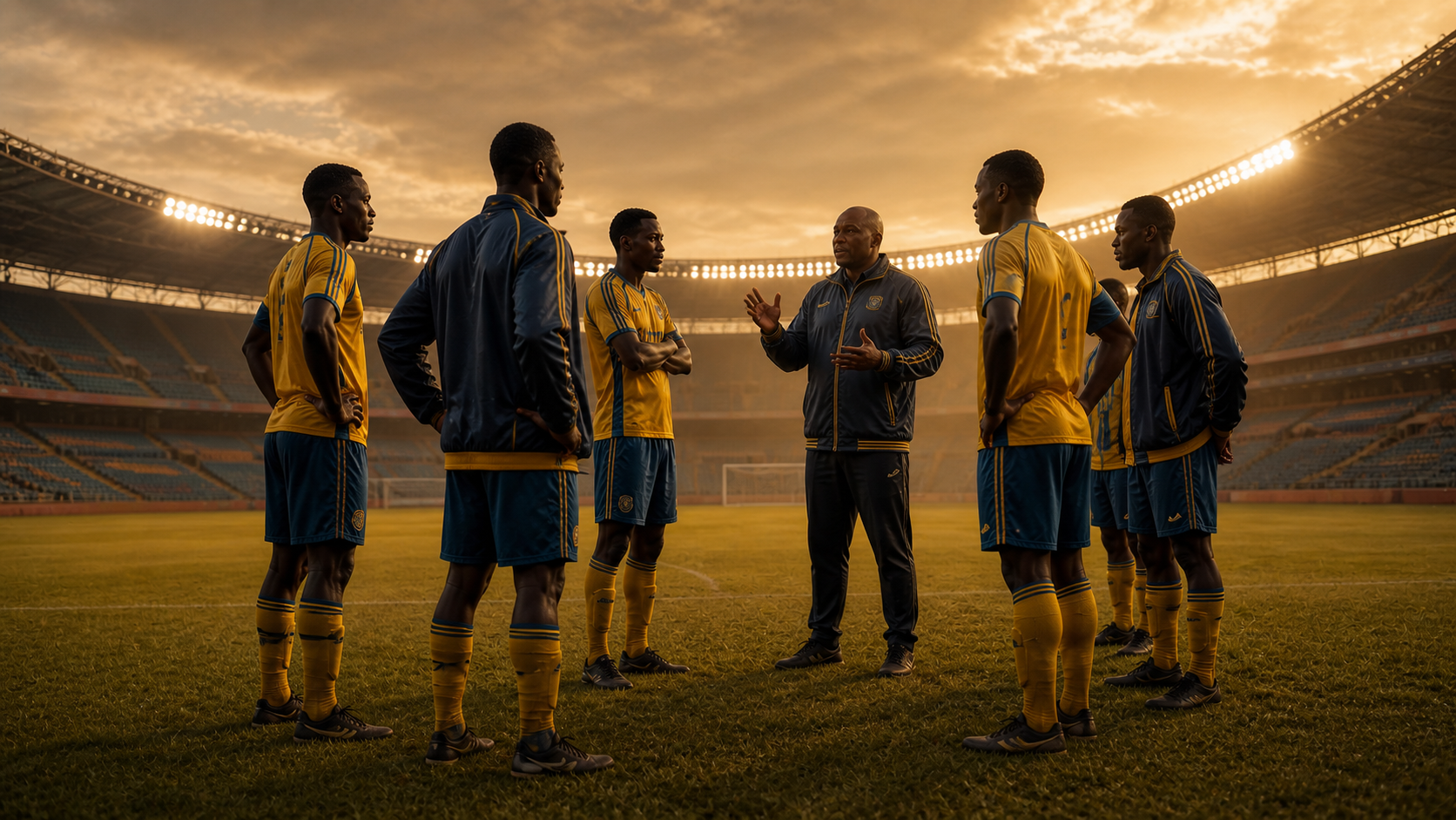 A football team in yellow and navy huddled in a circle around their coach on an empty stadium pitch at dusk, floodlights glowing behind them