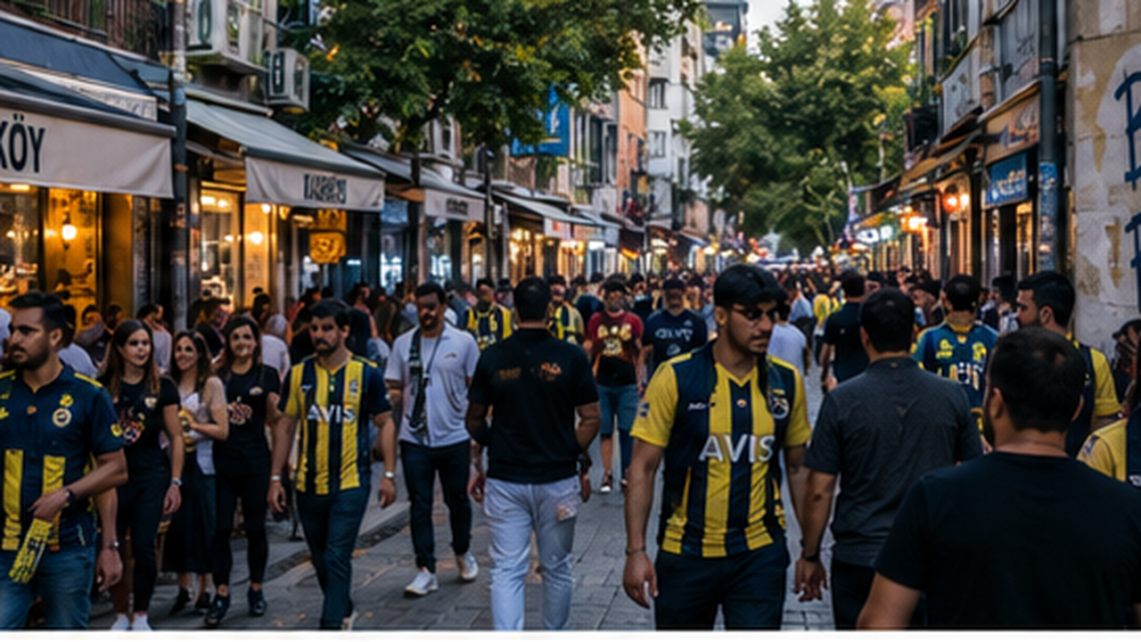 A crowded pedestrian street in Kadıköy at evening, fans in Fenerbahçe yellow-and-navy shirts walking among the shops and cafés