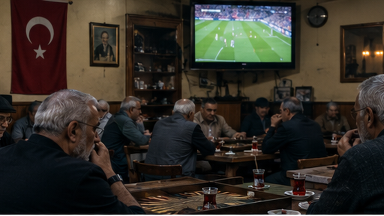 Older men in a Turkish tea house play backgammon at wooden tables, tulip glasses of çay in front of them, a match playing on a television mounted high on the wall
