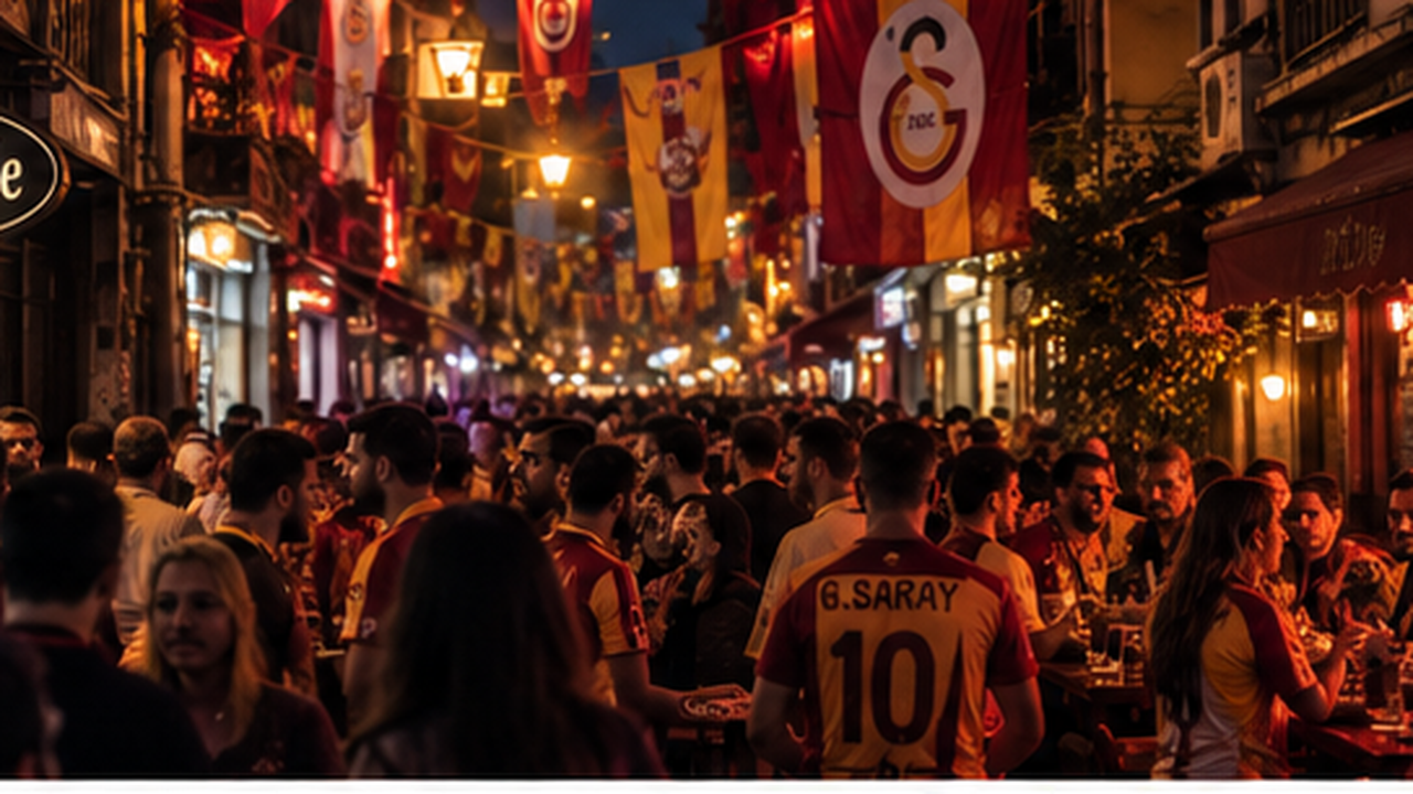 A narrow lane in Nevizade strung with Galatasaray flags and banners, packed with fans in yellow-and-red shirts drinking at outdoor tables under the lights