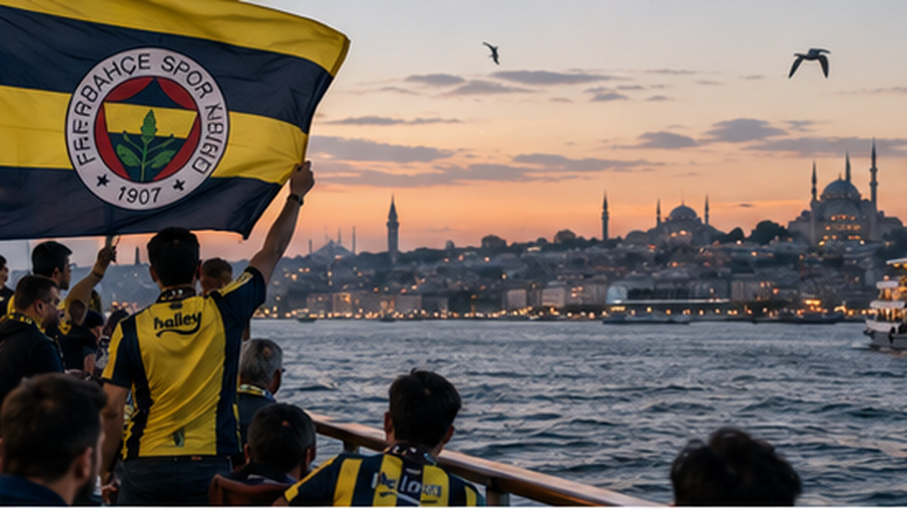 Fenerbahçe supporters wave a club flag from a ferry crossing the Bosphorus at sunset, the domes and minarets of the old city lit up on the far shore