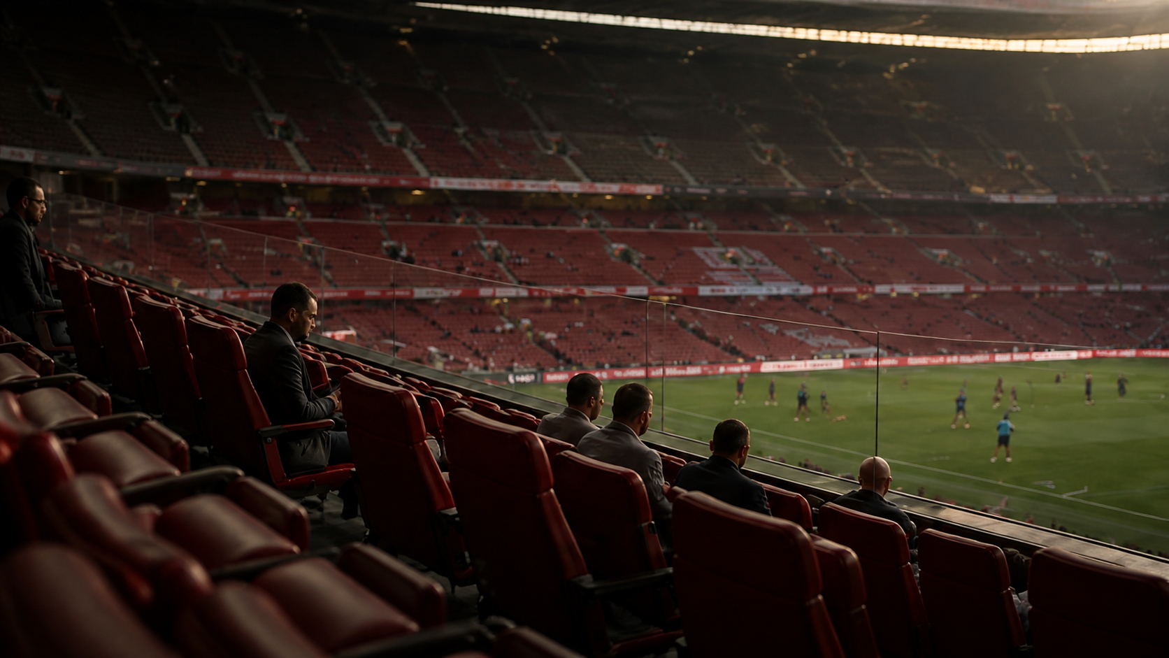 Early arrivals watch the teams warm up from a half-empty stand, most of the stadium still filling in behind them
