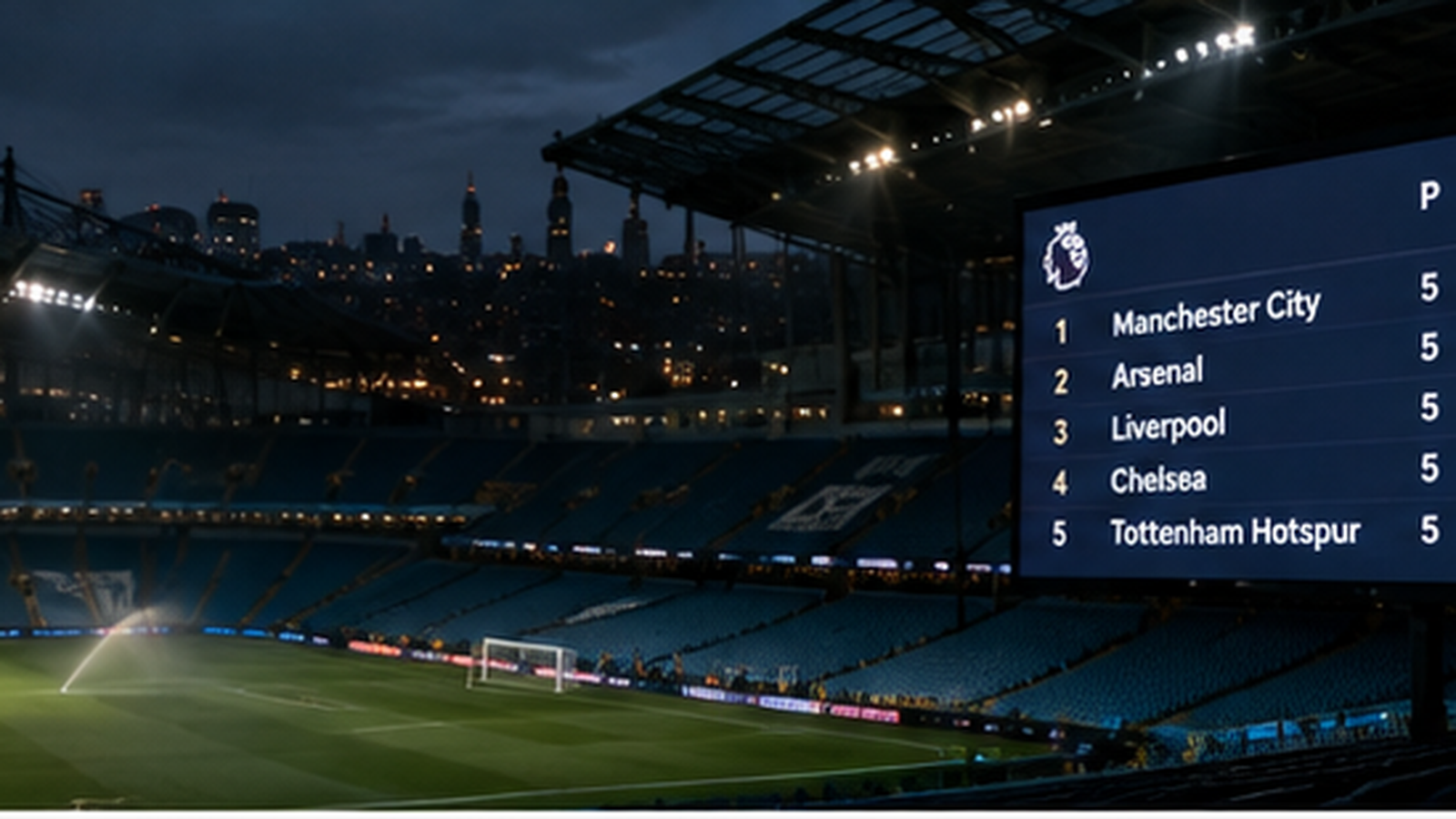 The Premier League table displayed on the Etihad Stadium screen at dusk, Manchester City top on 5 points ahead of Arsenal, Liverpool, Chelsea and Tottenham Hotspur, the stands empty during the international break