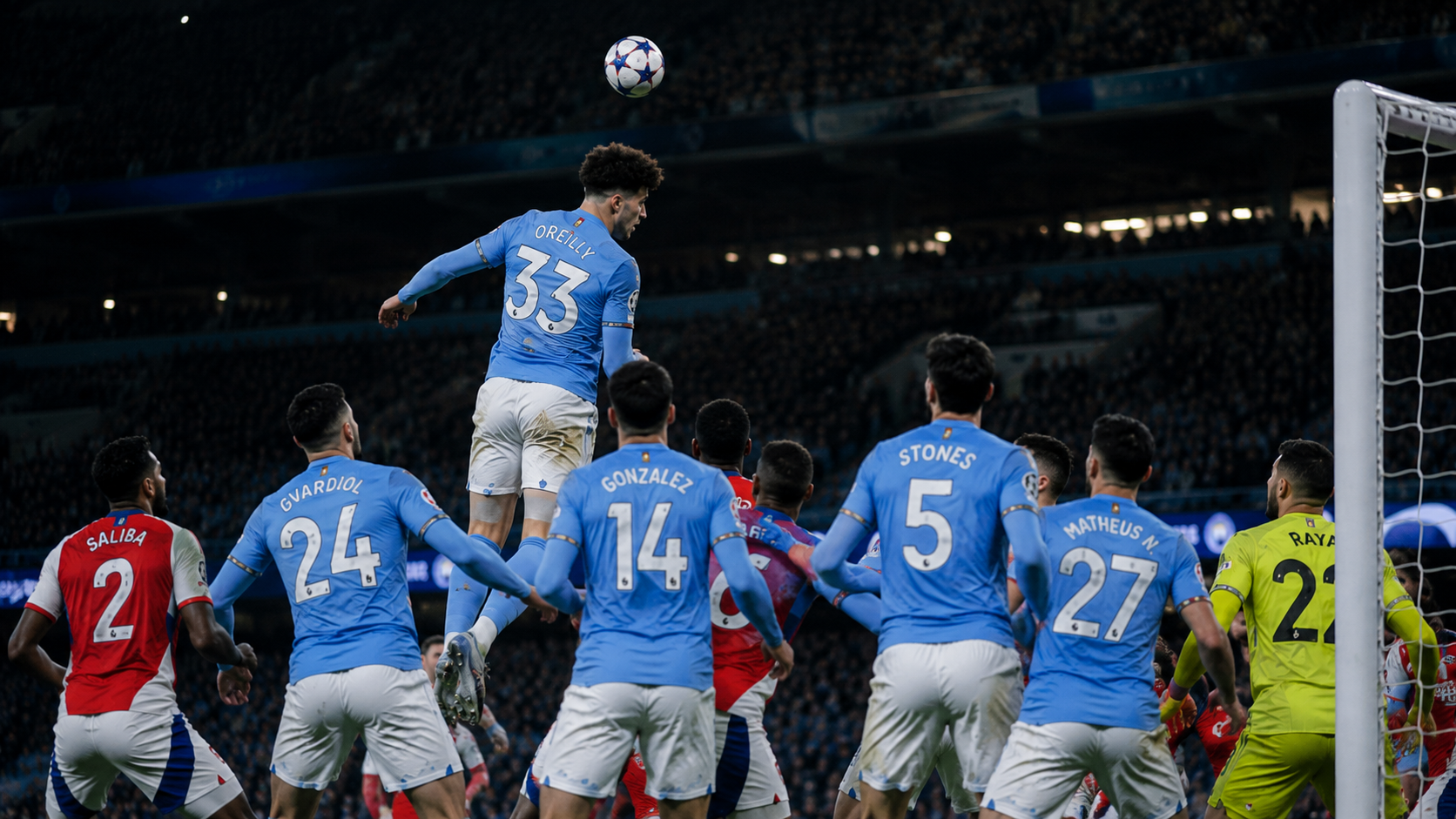 Nico O'Reilly rises to head City's second goal in the Carabao Cup final against Arsenal