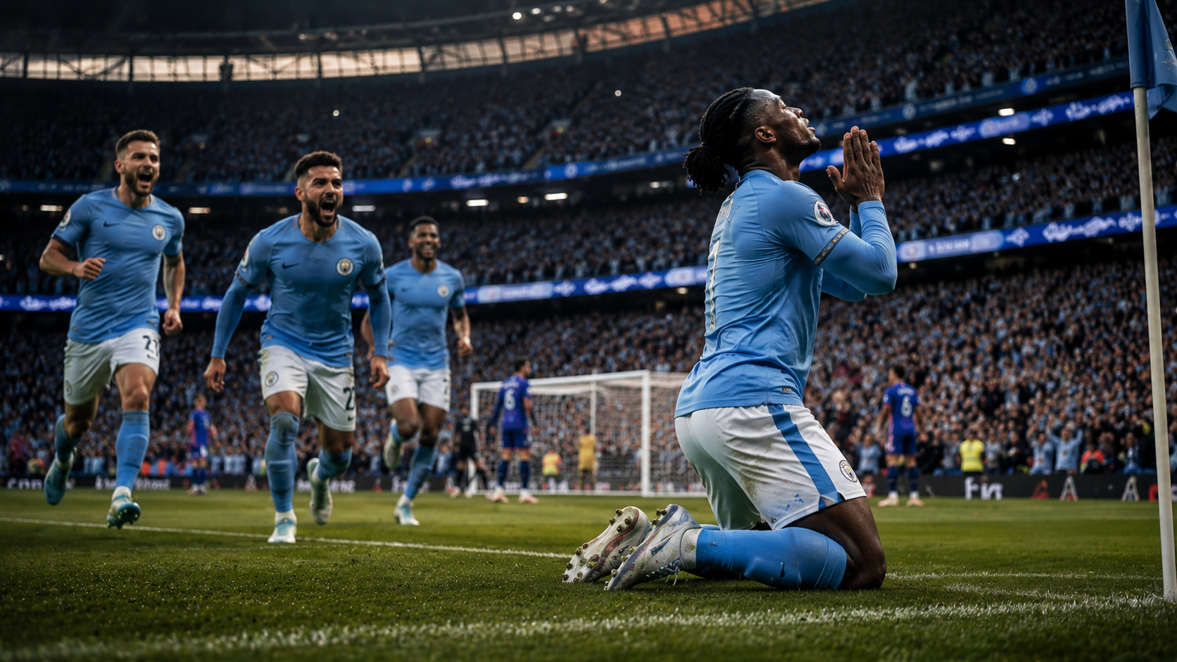 Semenyo celebrates with teammates after his backheel winner at Wembley