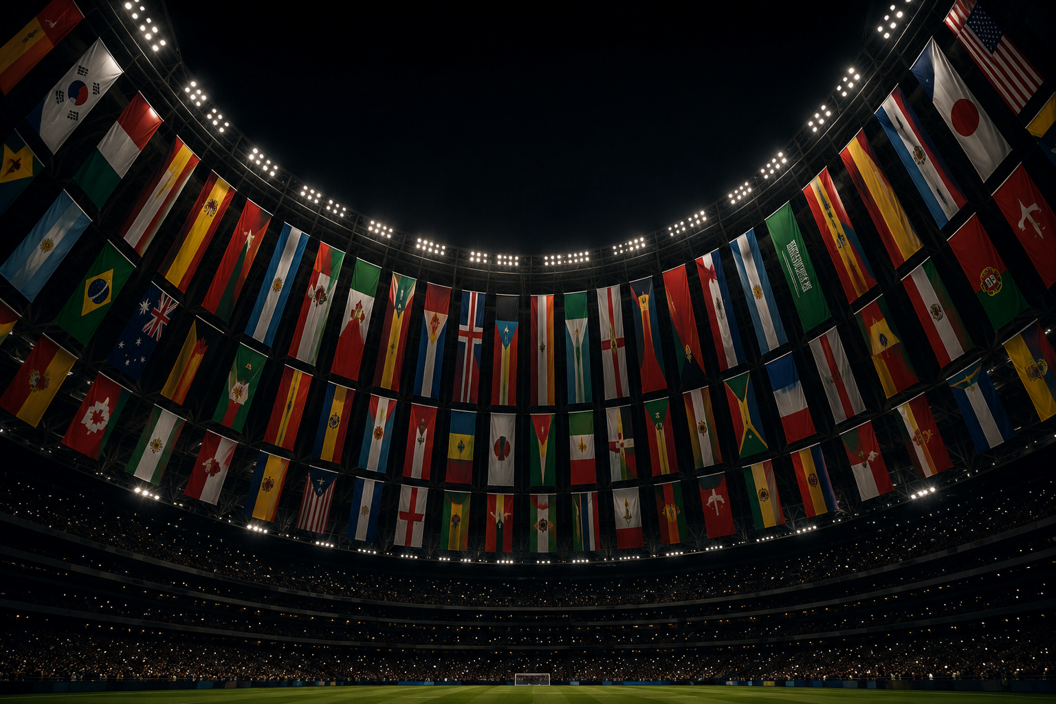 The 48 Stories of the 2026 World Cup — forty-eight national flags arranged on a dark surface