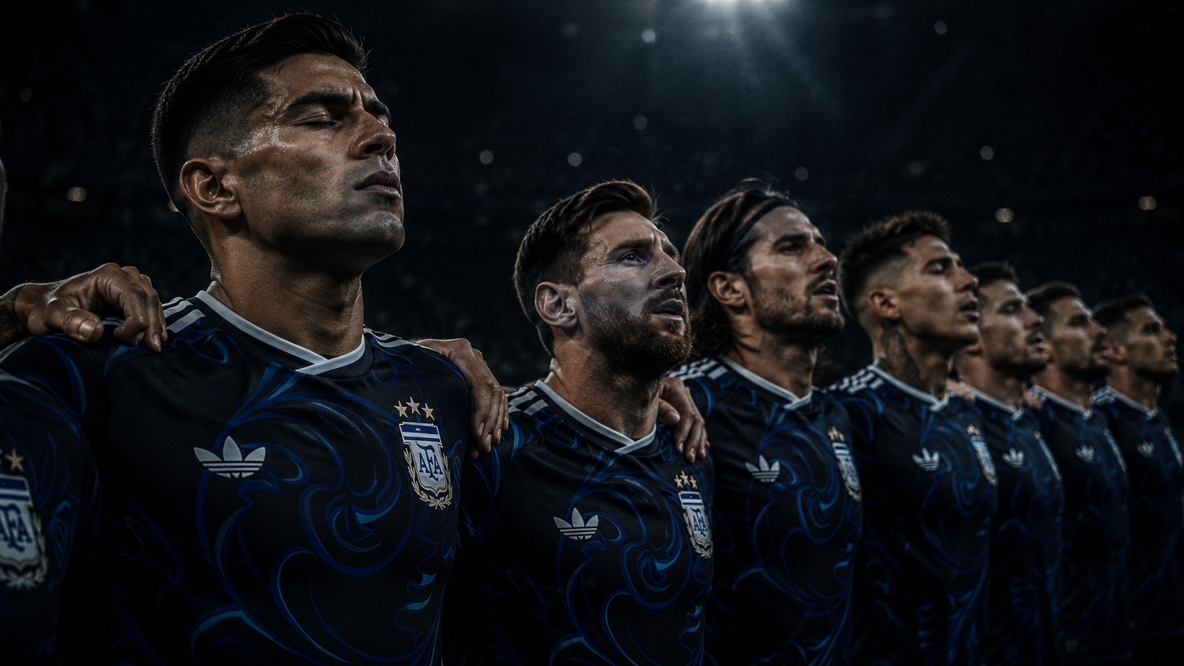 Argentina players sing the national anthem — arms locked, eyes shut, faces working with something that is not quite joy and not quite rage