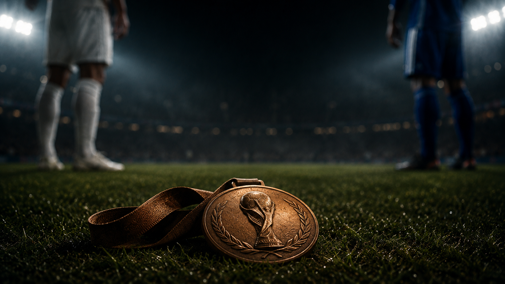 A bronze medal lies on the grass between England and France legs — the fixture nobody dreams of