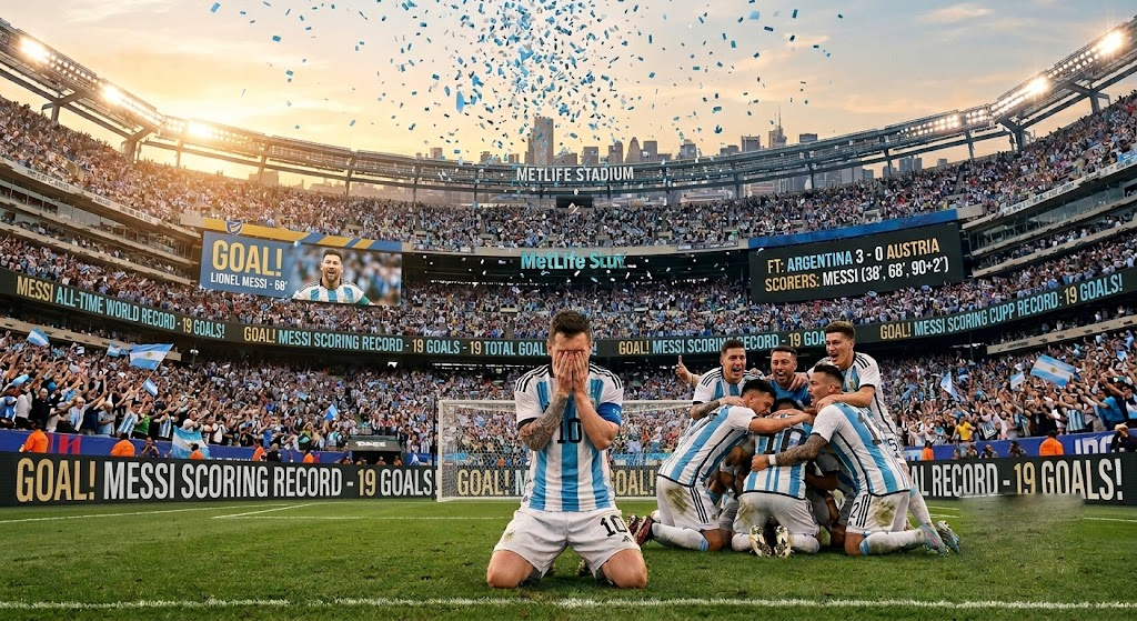 Messi Stands Alone — a football on the penalty spot under stadium floodlights