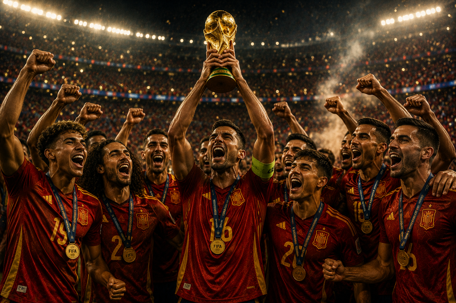 Spain lift the World Cup trophy — Rodri at the center, captain's armband, teammates screaming, gold confetti falling at MetLife Stadium